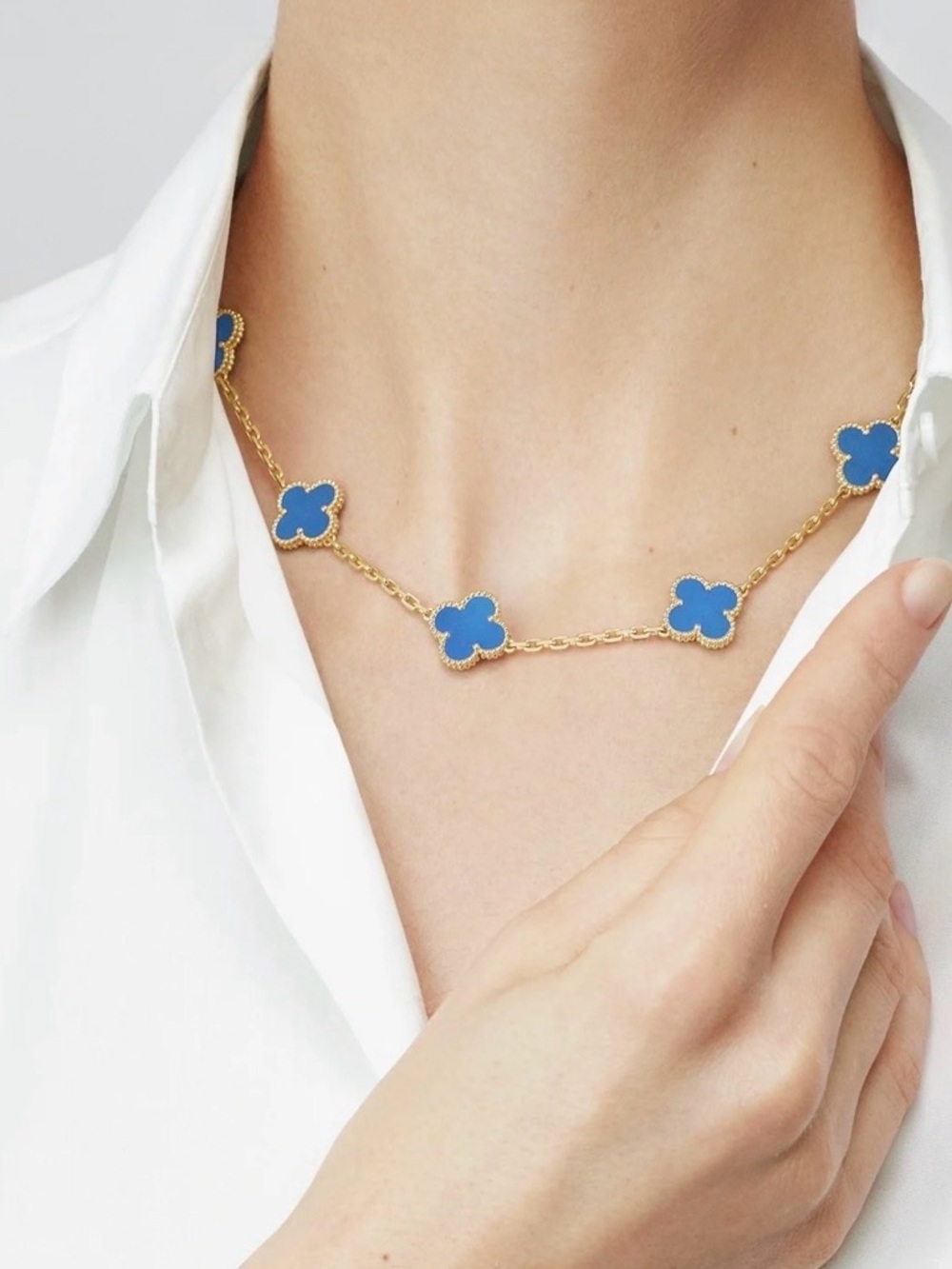 Blue Clover Motif Gold Chain Necklace Luxury Jewelry